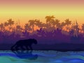 Amazonian landscape with palm trees silhouette, exotic plants, panther on the riverbank.